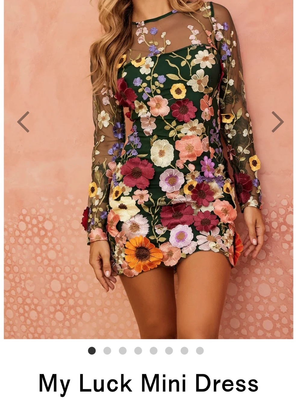 Sheer Forest Green Cocktail Dress with Multicolor Floral Embroidery